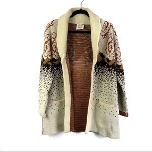 Vintage Sturbridge Cozy Floral Shawl Cardigan Sweater - Cream & Brown